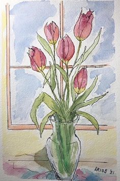 watercolor painting of pink tulips in a vase on a table by a window