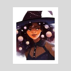 a woman wearing a hat with planets around her