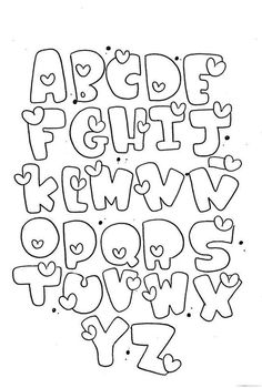 the alphabet with hearts on it is outlined in black and white, as well as some letters