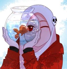 a person holding a fish in their hand and looking at it's reflection in the bowl