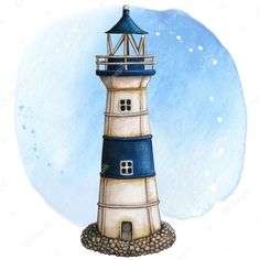 a watercolor painting of a lighthouse