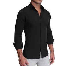 Our signature athletic fit dress shirt crafted from performance stretch fabrics. "The Von" solid black is an excellent business casual staple that makes a versatile addition to any dress shirt collection. Fit: More room in the upper body with a tapered waist Fabric Feel : Four-way stretch performance polyester / spandex fabric Fabric Function : Moisture-wicking, lightweight and wrinkle free Styling: Structured semi-spread collar and single button angled cuffs Additional Styling: Hidden under-the Stainless Steel Collar, Men Closet, Monogram Shirts, Collar Stays, Polyester Spandex Fabric, Fitted Dress Shirts, Athletic Performance, Fit Dress, Shirt Collection