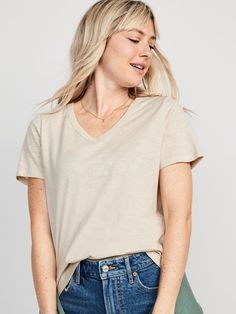 Our EveryWear T-shirts are super-soft, with a comfortable, relaxed fit.  Wear 'em with everything ✔️ Rib-knit V-neck; short sleeves.  Soft-washed, slub-knit jersey.  Relaxed fit through body.  Women's t-shirt hits below waist.  Models are approxi Athleisure Mom, Beige T Shirts, Tees For Women, T Shirt For Women, Knit Tees, Knitted Tshirt, V Neck Tee, Shirt Outfit, Knit Jersey