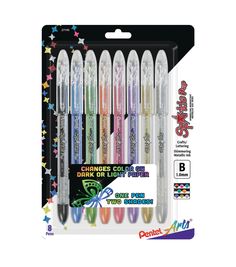 six different colored pens in a package with stars on the top and bottom one is white,