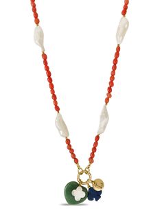 A colorful and meaningful way to capture your dreams, memories and treasures, our coral dreamcatcher necklace promises to captivate and spark interest. Coral and pearls are the perfect organic gemstones to highlight a collection of colorful relics and pendants. We them paired here with a jade heart, a lapis lazuli spade charm, a mother of pearl clover and a bronze initial charm. The harmonious properties of these elements cover a lot of bases! Coral represents diplomacy, harmony and peace and of Good Luck Jewelry With Round Natural Stone Beads, Artisan Coral Necklace For Gift, Multicolor Pearl Charm Jewelry As Gift, Multicolor Pearl Charm Jewelry Gift, Spiritual Coral Jewelry For Gifts, Multicolor Jewelry With Pearl Charm As Gift, Multicolor Jewelry With Pearl Charm For Gift, Artisan Necklace With Pearl Charm As Gift, Good Luck Pendant Jewelry With Natural Stones