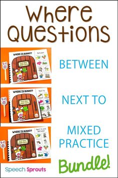 a poster with the words where questions between next to mixed practice and an orange background