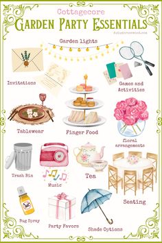 the garden party essentials poster is shown in green, white and pink with an image of