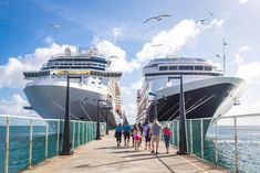 two cruise ships docked at the dock with people walking on it and seagulls flying overhead