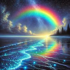 a painting of a rainbow in the sky over water with trees and stars on it