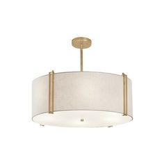 a light fixture with a beige shade on the drum and a white fabric covering over it