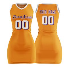 Shop custom gold and purple basketball jersey dress for women and girls at Jersey One. The jersey dresses are made from durable, quick-dry, and breathable polyester fabric, they are perfect for daily, parties or outfitting your team. Embroidered Tracking Twill The team name, player name, and player number are embroidered, making the jersey durable, breathable, and stylish. Design Your Own You can also customize the design of our basketball jersey dress template. For example, you can change the f Gold Basketball Jersey, Purple Basketball Jersey, Basketball Jersey Dress, Jersey Dress Outfit, Basketball Dress, Dress Template, Basketball Jersey Outfit, Dress Templates, Purple Basketball