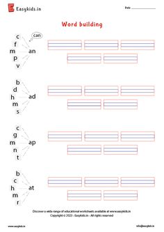 the word building worksheet is shown in red and blue, with lines on it