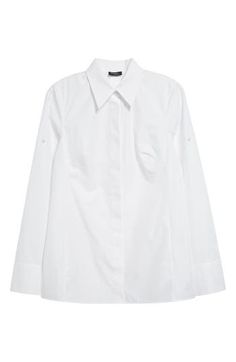 Silk-softened cotton poplin brings elegant ease to this button-up tunic designed with roll-tab cuffs, a point collar and martingale for an array of looks and fits. 28" front length; 29 1/2" back length (size 8) Hidden-button placket Point collar Long sleeves with roll-tab cuffs Martingale 78% cotton, 22% silk Dry clean Imported Designer Clothing Classic Blouse With Fold Down Collar And Buttons, Classic Blouse With Spread Collar And Covered Buttons, Timeless White Button-up Blouse, Timeless White Blouse For Work, Daywear Blouse With Fold Down Collar And Buttons, Daywear Blouse With Buttons And Fold Down Collar, Classic White Blouse With Hidden Buttons, Classic White Blouse With Hidden Button Closure, Classic Blouse With Covered Buttons