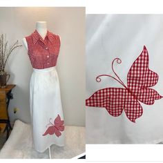 "1970's dress / Gingham Butterfly Maxi Dress - wounded This is such a fantastic summer dress. The bodice is an empire waist with a red gingham button front style. But it has a zipper in the back. The skirt is white and has a butterfly in the lower hem. This dress has a flaw, maybe you don't mind? Measurements provided are flat and have been doubled. Bust 35\" Waist 27\" Hips 40\" Length 54.5\" ❤️ Condition: Great vintage condition woth a cosmetic flaw. Through out the skirt there are what looks Butterfly Maxi Dress, 70s Maxi Dress, Jasmine Dress, 60s And 70s Fashion, 1970s Dresses, Seventies Fashion, Black Satin Dress, 70s Dress, Red Gingham