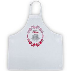 an apron with the words mom written in red and pink flowers on it's front