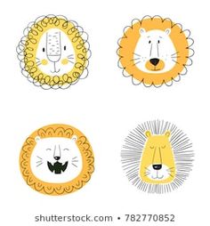 four cartoon lion faces with different facial expressions on white background stock photo, images and royalty