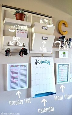 an organized calendar hangs on the wall