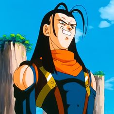 an anime character with long black hair and orange scarf standing in front of a cliff