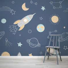 Wrigure Night Wallpaper In Room With Blue Chair Child Room Wallpaper, Kids Room With Blue Wallpaper, Stellar Wallpaper, Blue Space Wallpaper, Space Mural, Childrens Wall Murals, Seaside Wallpaper, Children Wallpaper, Tropical Art Deco