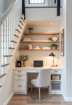 Staircase Storage Under Stairs Under Stairs Office, Stair Office, Office Nook Ideas, Turn Staircase, Office Under Stairs