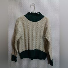 Green And Cream Cropped Sweater From Just One Answer Size Xs Very Comfortable And Warm, Really Soft. Nwot Green Cable Knit Cotton Top, Green Cotton Cable Knit Top, Trendy Green Cable Knit Tops, Retro Cable Knit Tops For Fall, Cream Cropped Sweater, Green Cream, Green Sweater, Cropped Sweater, Sweaters For Women