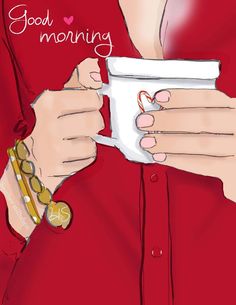 a woman holding a coffee cup with the words good morning written on it and her hands