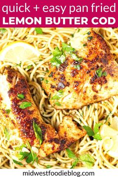 lemon butter chicken with spaghetti in a white bowl