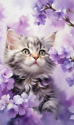 a painting of a kitten surrounded by purple flowers