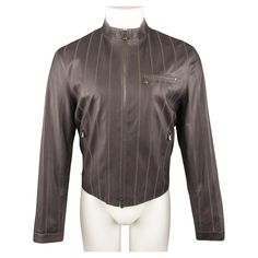 ARMANI COLLEZIONI motorcycle style jacket comes in muted eggplant purple leather with stitched stripe pattern, band collar with knit trim, zip cuffs, and zip pockets. Excellent Pre-Owned Condition. Marked: 40 Measurements: Shoulder: 18 inches Chest: 44 inches Sleeve: 25 inches Length: 24 inches Reference: 93691 Category: Jacket More Details Brand: ARMANI COLLEZIONI Chest Size: 40 Size: 40 Gender: Male Color: Purple Pattern: Stitched Fabric: Leather Type of Leather: Lamb Skin Style: Zip Up Age Gr Eggplant Purple, Motorcycle Style, Armani Collezioni, Purple Pattern, Purple Leather, Leather Biker Jacket, Band Collar, Stitching Leather, Biker Jacket