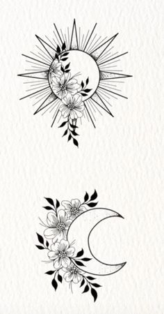 two sun and moon tattoos with flowers on the side, one is black and white