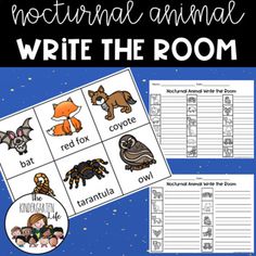 an animal write the room activity with pictures and words on it, including two different animals