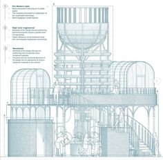 a blueprint drawing of a building with stairs and balconies on the side