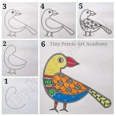 the instructions for how to draw a bird with different colors and patterns on it's body