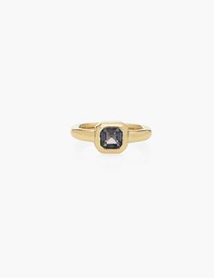 A hand carved finger ring with rounded shank and square bezel inset with 1.47 asscher cut grey sapphire. Handmade in Los Angeles Hand Carved Ring, Grey Sapphire, Custom Signet Ring, Asscher Cut, Green Enamel, Finger Ring, New Love, Ring Finger, Signet Ring