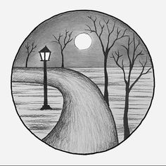 a black and white drawing of a path leading to a lamppost in the distance