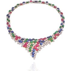 Estate Diamond, Cabochon Emeralds, Sapphires and Rubies 38 Carat Necklace