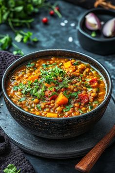 A hearty lentil and vegetable stew garnished with fresh herbs in a dark ceramic bowl. Healthy Lentil Recipes, Lentils And Sausage, Lentil Recipes Healthy, Lentil Hummus, Lentil Loaf, Meal Rotation, Lentil Bolognese, Lentil Tacos, Lentil Chili