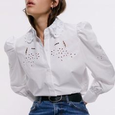 Super Chic Zara White Poplin Button-Down Shirt With Eyelet Embroidery. Like New Without Tags. Size Xs. Cheap Zara Blouse With Buttons, Affordable Zara Blouse With Buttons, Spring Lace Collar Button-up Shirt, Spring Collared Blouse With Broderie Anglaise, White Button-up Eyelet Blouse, White Eyelet Button-up Blouse, White Button-up Tops With Broderie Anglaise, White Button-up Shirt With Broderie Anglaise, Spring Button-up Blouse With Broderie Anglaise