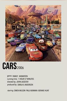 the poster for cars 2006 is shown in this image, and features characters from disney's cars