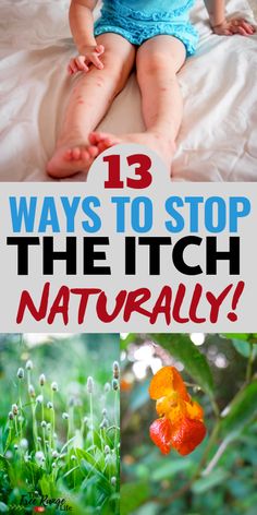 a baby sitting on top of a bed next to plants and flowers with the words 13 ways to stop the itch naturally