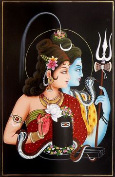 a painting of a woman holding a snake in her hand, with the image of hindu god