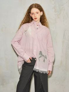 DIDDI MODA Striped Lace Cutout Bow Shirt Pink Shirt With Casual Collar For Spring, Pink Casual Collar Tops For Spring, Arcana Archive, Bow Shirt, Bow Shirts, Lace Cutout, Turks And Caicos Islands, Cuff Sleeves, Uganda