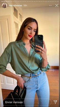 Satin Dress Shirt Outfit, Silk Shirt Jeans Outfit, Silk Green Shirt Outfit, Jeans And Green Top Outfit, Satin Green Shirt Outfit, Green Blouse Outfit Work, Green Shirt And Jeans Outfit, Silk Shirt With Jeans, Green Silk Shirt Outfit