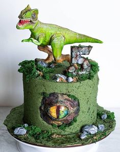 a dinosaur cake with moss and rocks on top