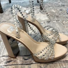 Brand New In Box Gb Platform Heels, With Clear Straps And Rhinestone Embellishment. Heel High 6in White Platform Heels, Rainbow Heels, Platform Creepers, Sequin Heels, Ankle Sandals, Sandal Platform, Platform Block Heels, Platform Mary Janes, Gianni Bini Shoes