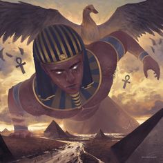 an egyptian woman with large wings on her head and two birds above her head, in front of pyramids