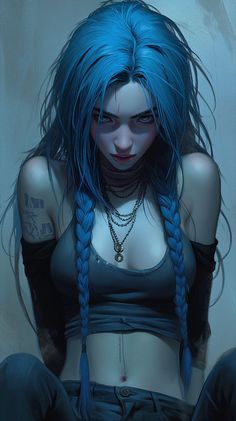 a woman with blue hair and tattoos on her chest sitting in front of a wall