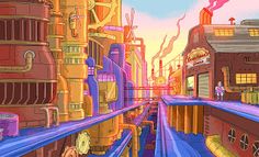 an animated city scene with buildings and train tracks