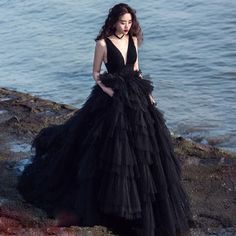 Backless Bridal Dresses, Black Wedding Gowns, Tulle Long Prom Dress, Tulle Balls, Black Wedding Dress, Dress With Tulle, Gown Skirt, Goth Wedding, Dark Wedding