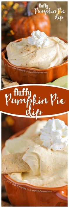 pumpkin pie dip with whipped cream on top in a brown bowl and an orange background